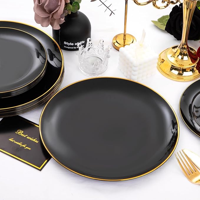 KIRE 100PCS Black and Gold Plates - Black Plastic Plates Disposable with Gold Rim for Halloween Party/Wedding/Birthday Include 50Pcs 10.25inch for Dinner and 50Pcs 7.5inch for Dessert/Salad