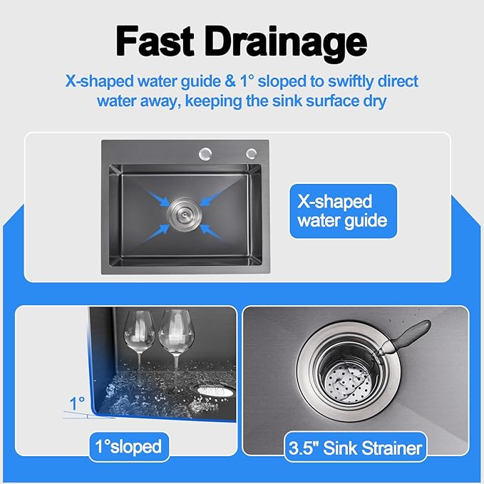 22x18 Inch Drop in Kitchen Sink, Handmade 304 Black Stainless Steel Sink, 9" Deep Single Bowl, Topmount with 2 Holes, R10 Tight Corner, for Modern Kitchen/RV/Bar Sink