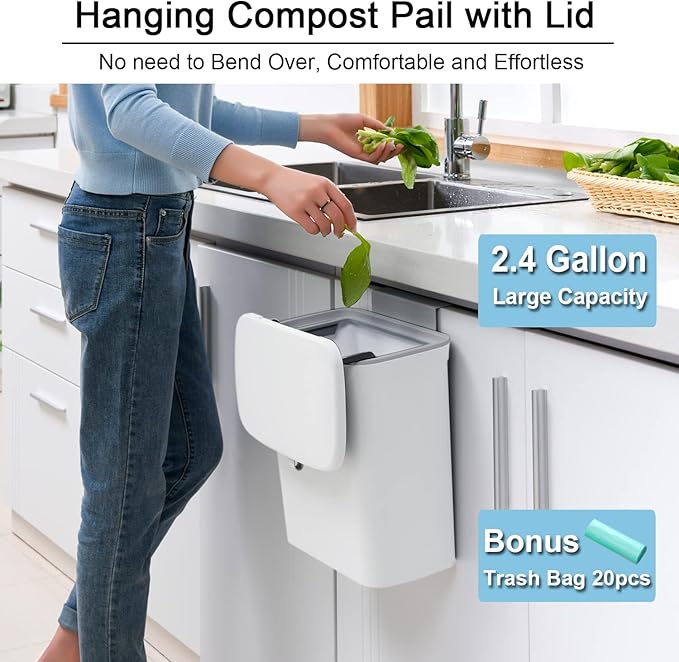 Tiyafuro 2.4 Gallon Kitchen Compost Bin for Counter Top or Under Sink, Hanging Small Trash Can with Lid for Cupboard/Bathroom/Bedroom/Office/Camping, Mountable Indoor Compost Bucket, White