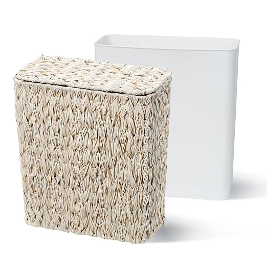 Wicker Trash Can with Lid and Liner,Boho Decotative Small Bathroom Trash Cans,Waterproof Slim Waste Basket for Bedroom,Home Office,3 Gallon