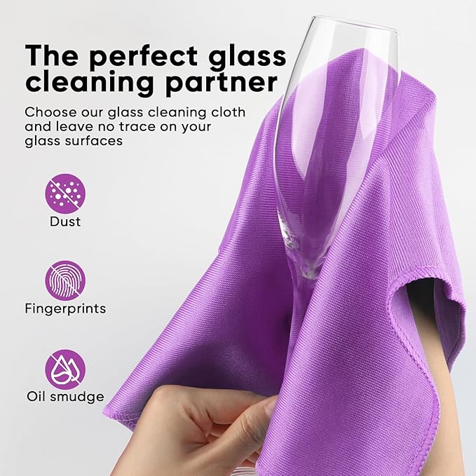 HOMEXCEL Microfiber Glass Cleaning Cloths 6 PK, Lint Free Streak Free, Reusable Microfiber Cleaning Cloth for Cleaning Windows, Glasses, Mirrors, Screens, Stainless Steel, and More Purple-14×16"