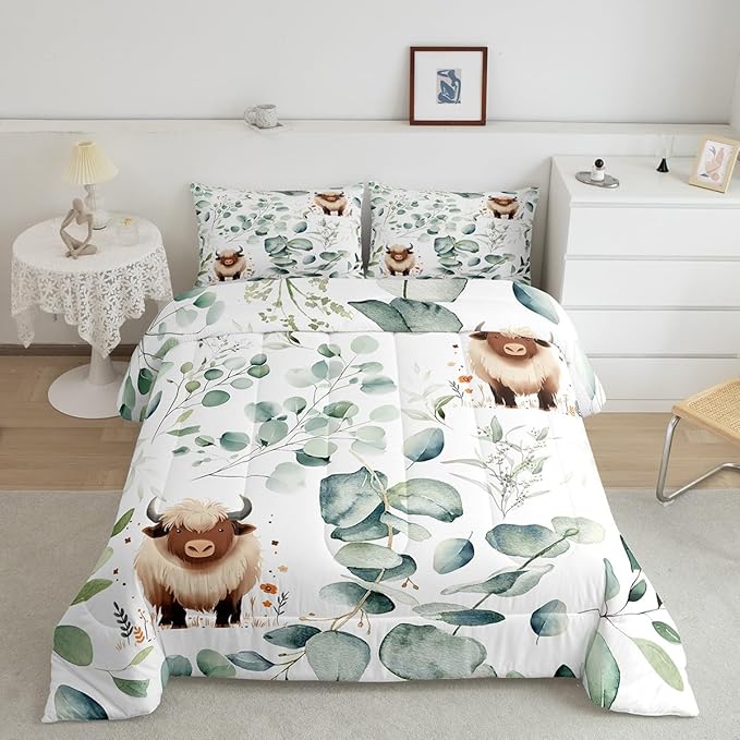 Erosebridal Boys Cartoon Animal Bedding Toddler Size for Kids Kawaii Cow Comforter Set, Highland Cattle Bull Duvet Insert Western Cowboy Quilt Comforter, Green Eucalyptus Bedding Comforters & Sets