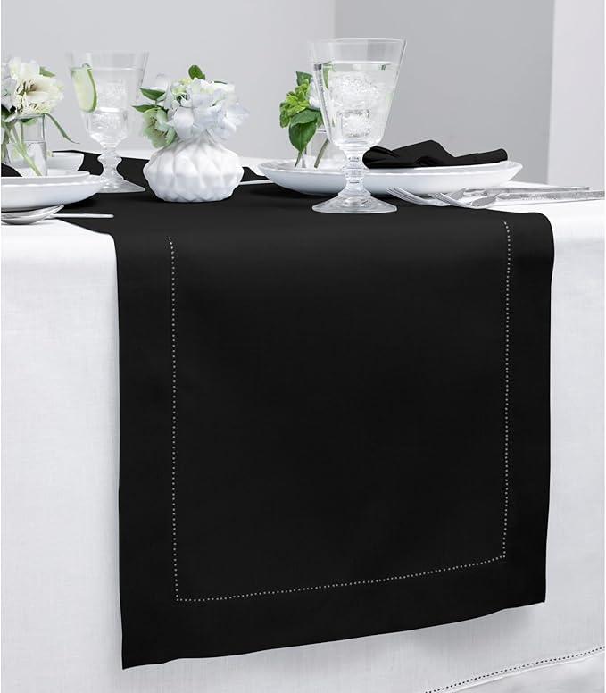 Solino Home Linen Black Table Runner 156 Inches Long - 100% Pure Linen Extra Long Table Runner 14 x 156 Inch for Christmas, New Year - Classic Hemstitch
