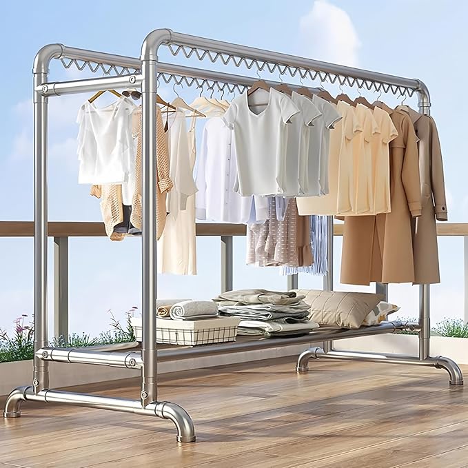 Clothes Drying Rack with Windproof Hooks, 78.7 inch Adjustable Heavy Duty Laundry Drying Rack, Free Standing Metal Clothes Rack, for Indoor Outdoor
