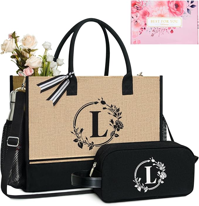 TOPDesign Personalized Initial Canvas Tote Bag, for Wedding, Birthday, Beach, Perfect Gifts for Women, Mom, Teachers, Friends