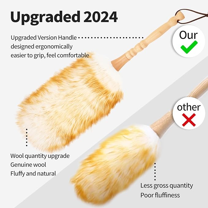 Lambswool Duster with Solid Wooden Handle,Leather Hang Strap,Comfortable Grips 19.6 inch Long Natural Feathers Dusters for Cleaning Wall Plant Desk Blind Cleaner Duster Tool