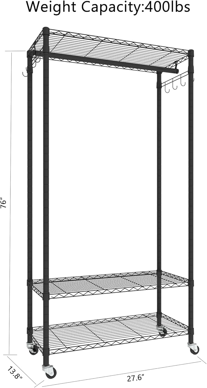 Rolling Portable Garment Rack,Freestanding Clothes Racks, Portable Closet Wardrobe with 3 Adjustable Wire shelves,2 Side Hooks, Black