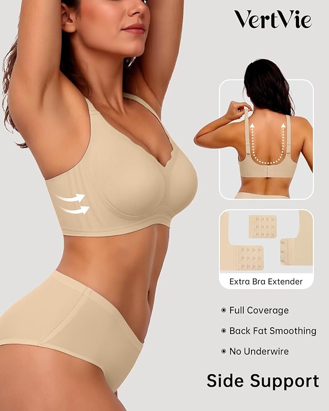 Vertvie Womens Seamless Bras No Underwire Supportive Wireless Push Up Full Coverage Bralette Comfort Scalloped T-Shirt Bra