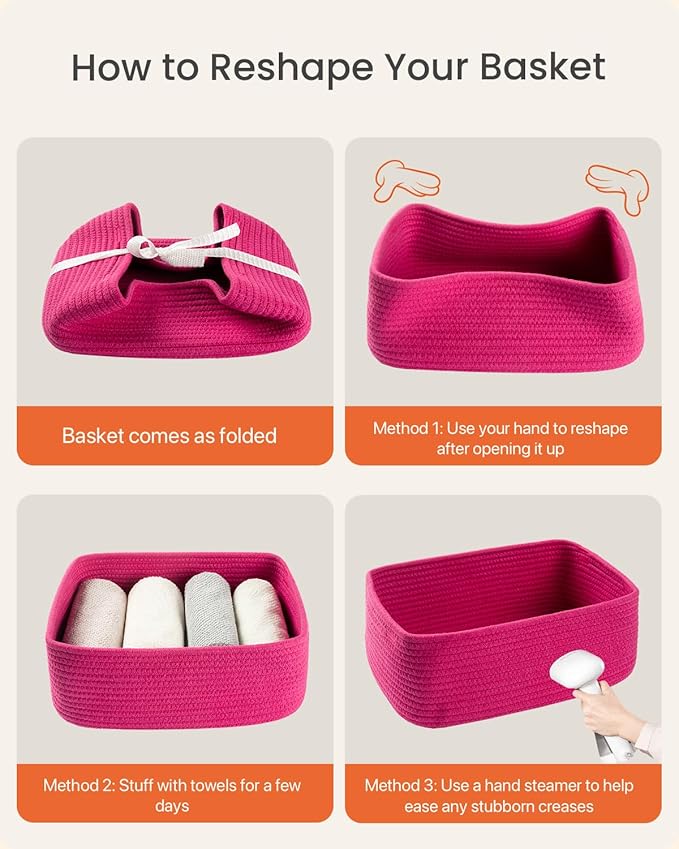Small Woven Basket, 13.5 x 9.5 x 5 Inches, Storage Basket for Organizing, Cute Small Rope Shelf Closet Cube Storage Bins Baskets for Shelves, Dog Toy Gift Baskets Empty, 3 Packs, Hot Pink