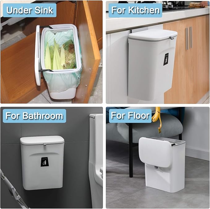 Tiyafuro 2.4 Gallon Kitchen Compost Bin for Counter Top or Under Sink, Hanging Small Trash Can with Lid for Cupboard/Bathroom/Bedroom/Office/Camping, Mountable Indoor Compost Bucket, White
