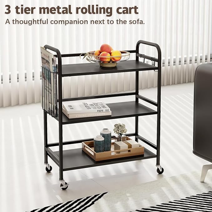 HDANI 3 Tier Metal Rolling Utility Cart,High Capacity Multi Purpose Heavy Duty Cart,for Office,Kitchen,Living Room,Bedroom,Etc.(Black)…