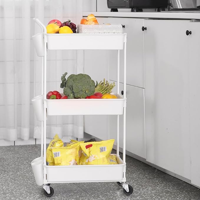 3-Tier Utility Rolling Cart,Mobile Utility Cart with Lockable Caster Wheels,Storage Shelves Organizer Cart, 3 Hanging Baskets, Easy Assembly,for Bathroom, Kitchen, Office, Workshop