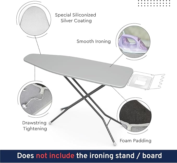 Encasa XO Ironing Board Cover and Pad 54"x15" - Thick 2mm Foam Padding, Drawstring Tightening & Lock, Heat Reflective, Scorch & Stain Resistant, Standard Large Ironing Board - Silver Premium