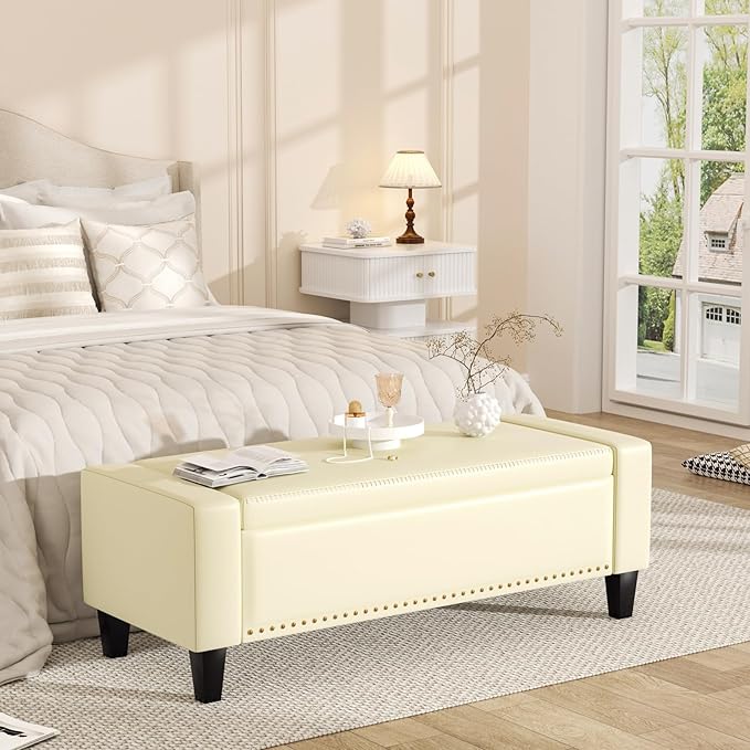 48.8" Storage Ottoman Bench Cream White | Faux Leather Bedroom Bench with Lift Top for Living Room & Bed End