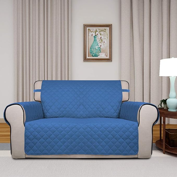 PureFit Reversible Quilted Sofa Cover, Water Resistant Medium Slipcover Furniture Protector, Washable Couch Cover with Non Slip Foam and Elastic Straps for Kids, Dogs, Pets (Loveseat, Blue/Ivory)