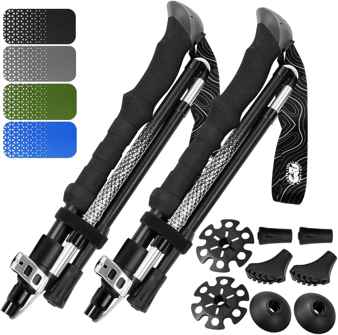 Premium Foldable Hiking Poles by USA Brand - Adjustable, Lightweight Trekking Poles Made of Aircraft Aluminum, Metal Flip Locks & Comfortable Real Cork and EVA Foam Grips