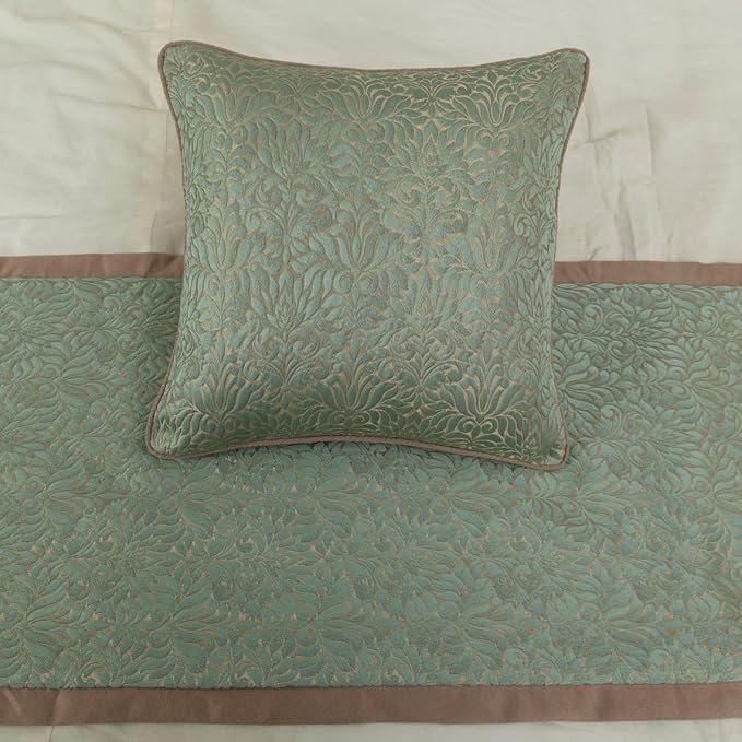 The HomeCentric King/Queen/Twin Blue & Beige Decorative CA King 86"x18" Bed Runner with 2 Pillow Cover, Damask Bed Scarf on Jacquard Fabric - Arabella