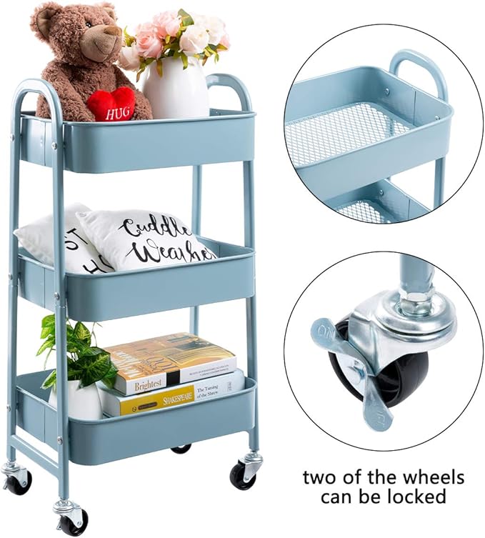 AGTEK Makeup Cart, Movable Rolling Organizer Cart, Grey-Blue 3 Tier Metal Utility Cart