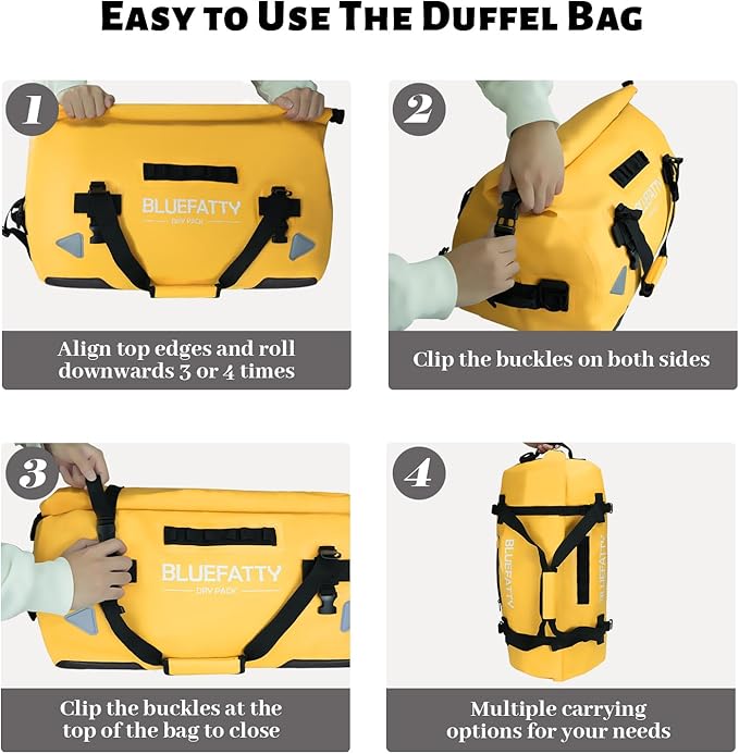 Large Waterproof Duffel Bag Roll-top Heavy Duty Dry Duffle Bags for Motorcycling, Rafting, Boating, SUP, Kayaking, Travel, 70L(Yellow)