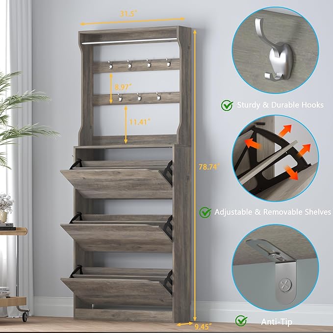 Shoe Cabinet with 3 Flip Drawers & Coat Rack, Narrow Hidden Shoe Storage Cabinet, 2-in-1 Hall Tree Slim Freestanding Shoe Rack Organizer for Entryway, Hallway, and Living Room