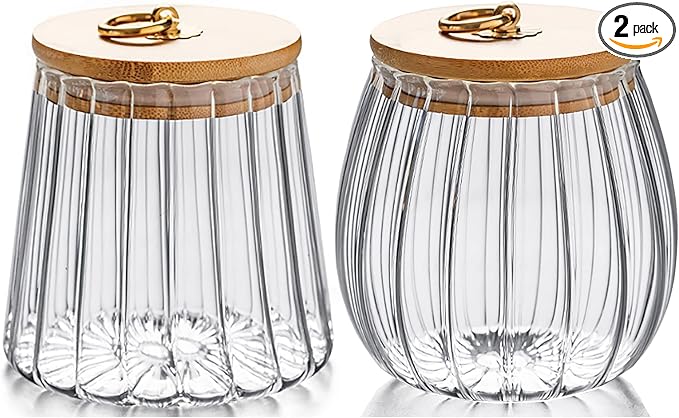 FANTESTICRYAN Small Glass Coffee Nuts Canister Airtight Storage Jar Petal Decorative Container with Bamboo Lid Metal Handle Easy to Grasp 700ml, 23 FL OZ (Set of 2)