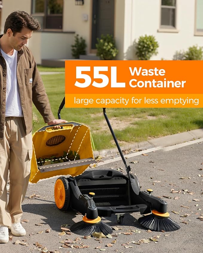 41" Industrial Walk-Behind Hand Push Floor Sweeper | Commercial 55L Large Capacity | 45000 SqFt/Hour | Indoor & Outdoor Use (Yellow)