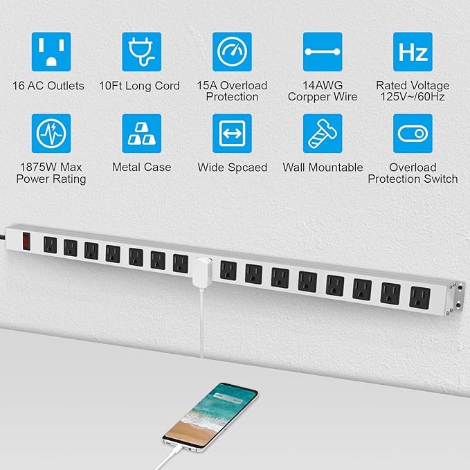 JUNNUJ Metal 16 Outlet Power Strip, Mountable Heavy Duty Power Strip, 1200J Surge Protector Wall Mount Screws Outlet with Switch, Gaming Desk Strips Wide Spaced 15A 125V 1875W, 10 FT 14AWG Power Cord