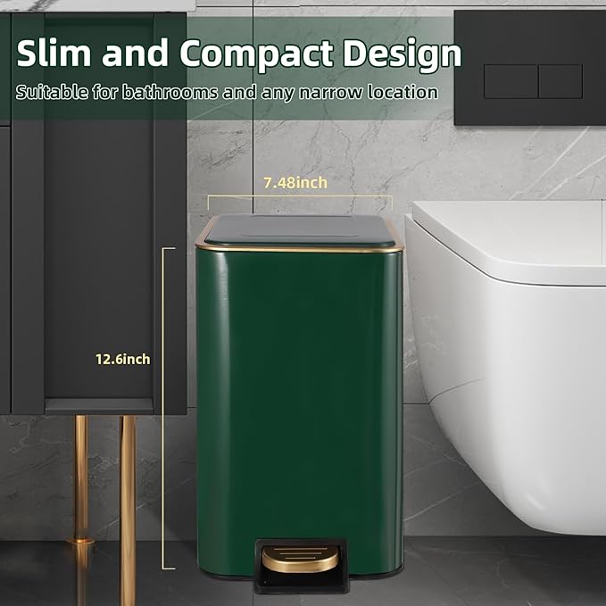 Small Bathroom Trash Can with Lid Soft Close, 1.8 Gallon Stainless Steel Garbage Can with Removable Inner Bucket,80Count Trash Bags, Slim Step Pedal Trash Bins