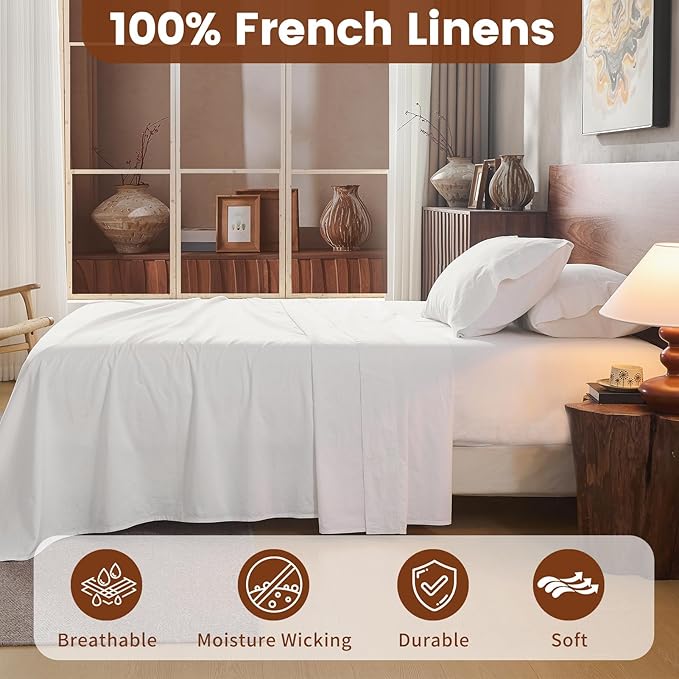 100% Linen Sheets California King Size,Breathable & Durable 4-Piece Bed Flax Sheet Set,Soft All-Season Bedding for Hot Sleepers 16" Deep Pocket Oeko-TEX Certified,（Cal King, White）
