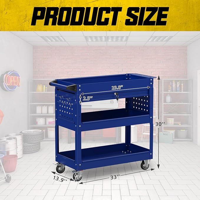 3 Tier Rolling Tool Cart with Drawers, 450 LBS Capacity Tool Cart on Wheels, Heavy Duty Rolling Utility Cart with Drawers, Rolling Utility Carts for Garage, Warehouse and Repair Shop,Blue
