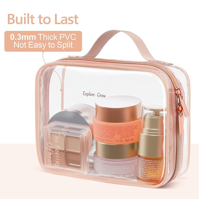 PACKISM Clear Makeup Bag - 2 Pack TSA Approved Toiletry Bag with Handle and 180° Large Opening, Clear Toiletry Bag Fit Carry-on Travel Essential, Travel Bags for Toiletries, Rose Pink