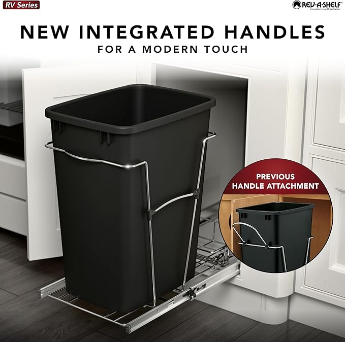 Rev-A-Shelf Pullout Trash Can for Kitchen Cabinets 35 Qt Garbage Waste Recycling Bin with Full Extension Slides, Orion Gray, RV-12KD-13C-S