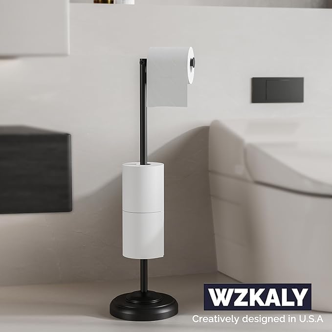 Freestanding Toilet Paper Holder Stand with Storage – Holds 4 Extra Rolls –Matte Black- Toilet Paper Holder for Bathroom – Sturdy Base, Classic Retro Style, Space-Saving Bathroom Storage