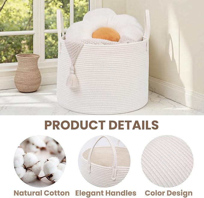 Woven Blanket Basket,115L Large Rope Storage Bin with Handles, Organizer for Blankets Toys Book and Clothes, Laundry Basket for Living Room Bedroom Nursery,White