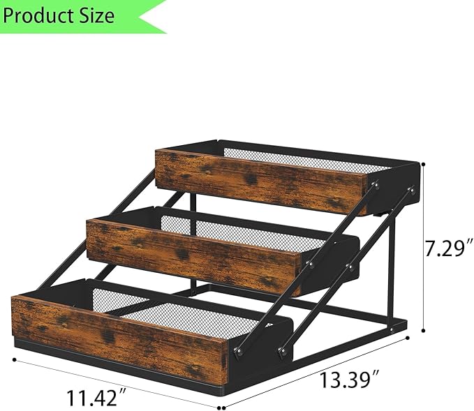 3 Tier Foldable Spice Rack Organizer for Countertop, Step Shelf with Spice Jars for Kitchen Cabinet Drawers Seasoning Rustic Wooden Spice Holder for Home, Cupboard or Door - 2PCS