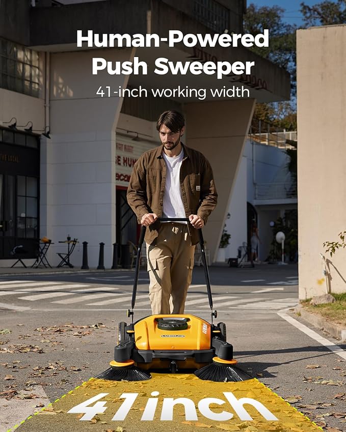 41" Industrial Walk-Behind Hand Push Floor Sweeper | Commercial 55L Large Capacity | 45000 SqFt/Hour | Indoor & Outdoor Use (Yellow)