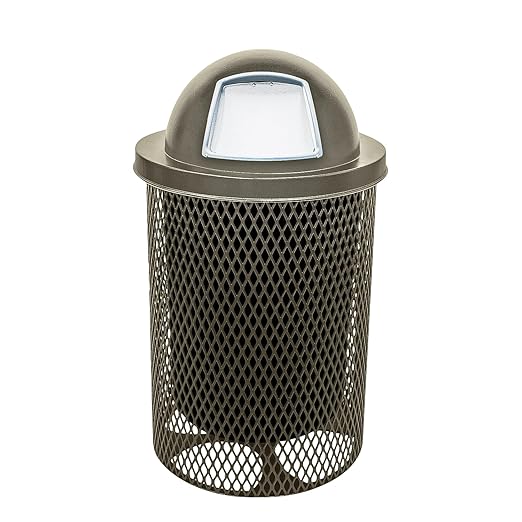 COATEDOUTDOORFURNITURE 32-Gallon Heavy-Duty Expanded Metal Round Trash Receptacle, Commercial Outdoor Waste Bin with Liner & Black Dome Lid – Made in America (Textured Gold Vein)
