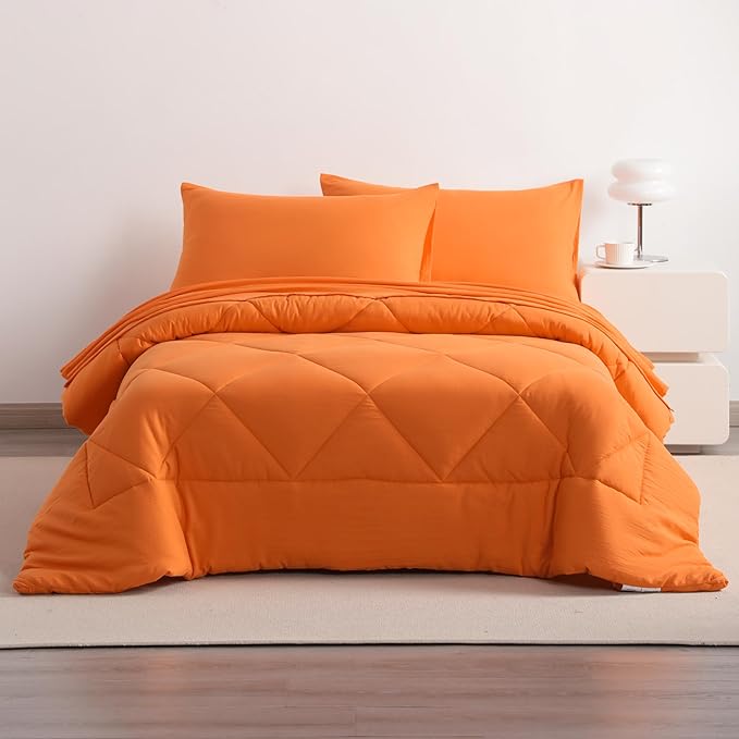 NTBAY Twin Comforter Set with Sheets, 5 Pieces Soft and Breathable Twin Bedding Set, Twin Bed in a Bag, Down Alternative Comforter Set Solid Color All Season, Kids Bedding Set, Orange