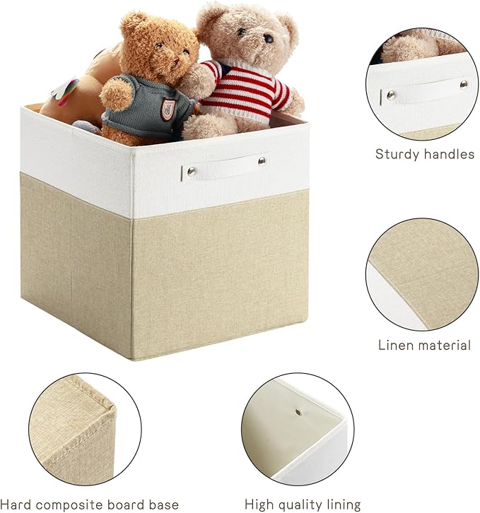 13 x 13 Inch Fine Linen Storage Bins with Handles，Fabric Cube Boxs，Collapsible Basket Organizers for Shelves for Home, Closet Drawers (White/Khaki-4 Pack)