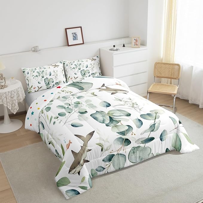 Erosebridal Girls Kawaii Animal Queen Bedding Sets Cute Shark Comforter Set, Cartoon Wildlife Down Comforter Green Leaf Bedding Comforter Sets, Spring Plant Duvet Insert Child Kids Bedroom Decor