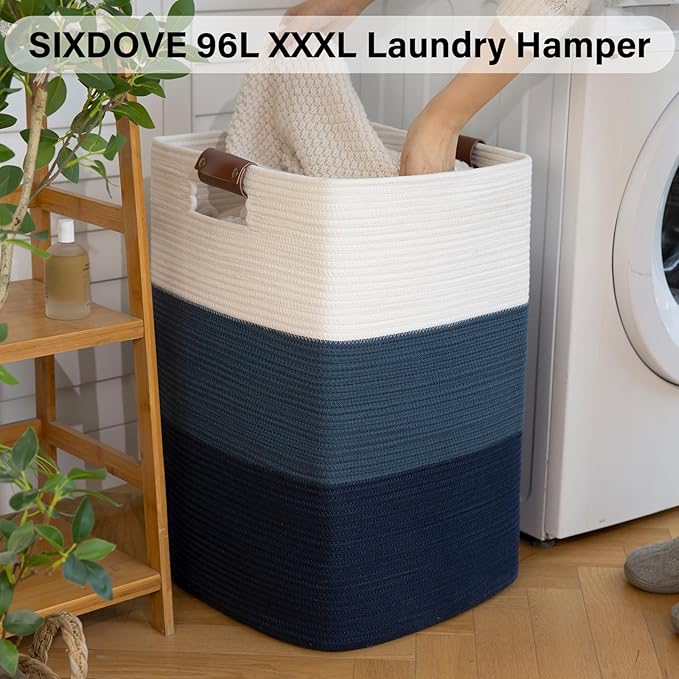 Laundry Hamper 96L Extra Large Laundry Basket, Woven Blanket Basket, Cotton Woven Storage Hamper with Handles for Living Room, Large Baskets for Pillows, Blankets, Clothes-Gradient Blue