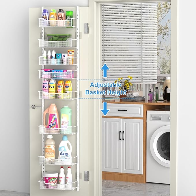 12.3" W Narrow Over the Door Pantry Organizer, 8-Tier Over the Door Organizer with Adjustable Basket, Pantry Door Organization for Pantry Kitchen Storage Room Spice Rack, White