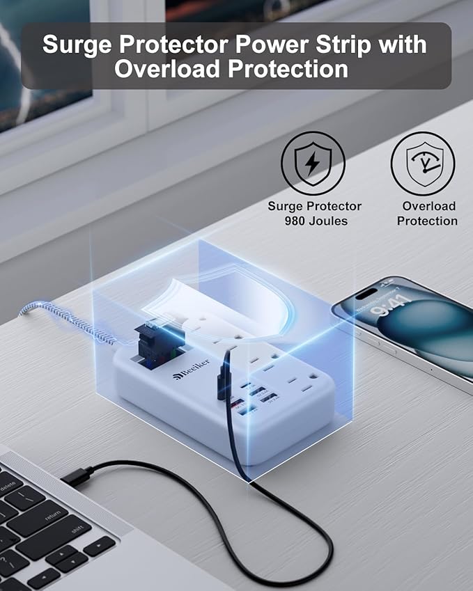 45W USB C Travel Power Strip- PD 45W Fast Charging Station with 6 USB(2 USB C) Ports and 4 Outlets,5Ft Flat Plug Braided Extension Cord Surge Protector for MacBook Laptops iPad Pro iPhone Samsung 13A