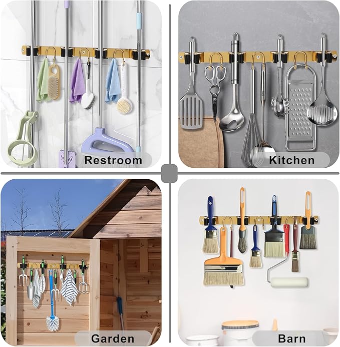 Mop Broom Holder Wall Mount, Gold Stainless Steel Tool Storage Organizer for Kitchen Garden Garage Laundry Room Bathroom and RV with 4 Slots 6 Hooks