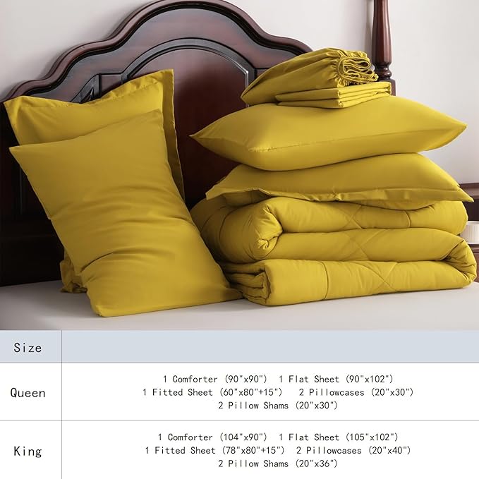 NTBAY King Comforter Set with Sheets, 7 Pieces Soft and Breathable King Bedding Set, Bed in a Bag, Down Alternative Comforter Set Solid Color All Season, King Bedding Set, Yellow