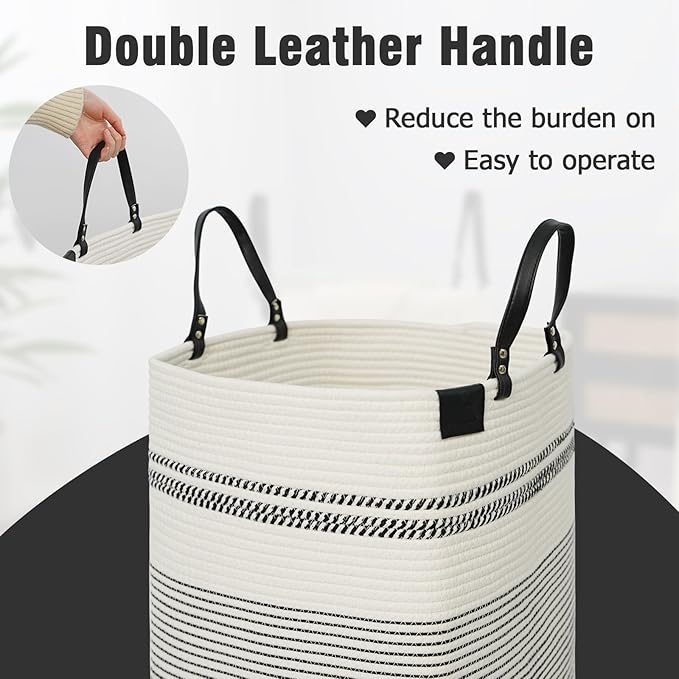 danpinera 75L Woven Laundry Hamper with Long Leather Handles, Baby Laundry Basket for Nursery, Tall Hampers for Bedroom Aesthetic, Decorative Clothes Storage Basket for Family White & Black