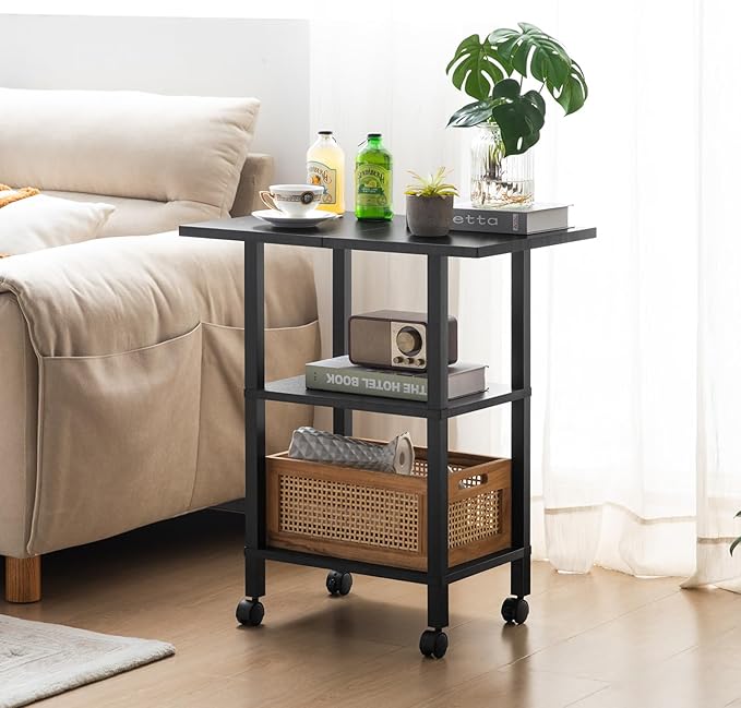 Lerliuo 3 Tier Printer Stand with Storage, Printer Table for Home Office, Wooden Rolling Printer Cart Shelf with Lockable Wheels fit Fax Machine, Scanner(Black)
