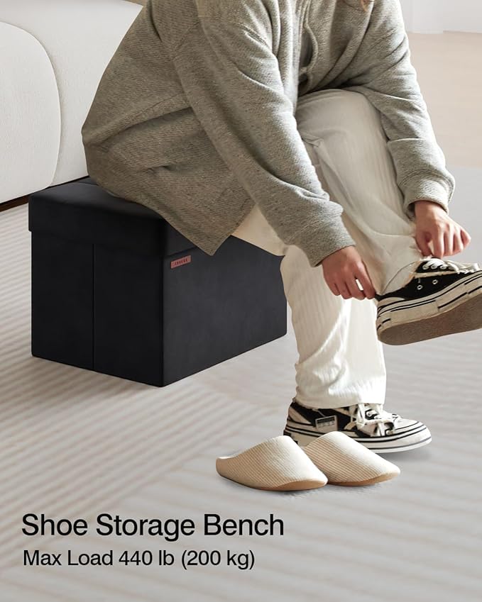 Folding Storage Ottoman, Velvet Storage Bench, Footrest, Foot Stool, for Living Room, Bedroom and Office,12.2 x 16.1 x 12.2 Inches, 200 kg Load Capacity, Ink Black,UASND03B