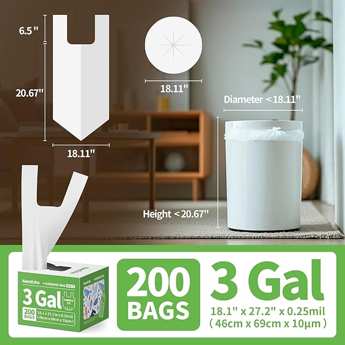 Small Trash Bags with Handles 3 Gallon 200 Count White - Ocean Plastic Upcycling - Plastic Garbage Bags, Can Bin & Waste Basket Liner for Kitchen, Bathroom, Office and Pets
