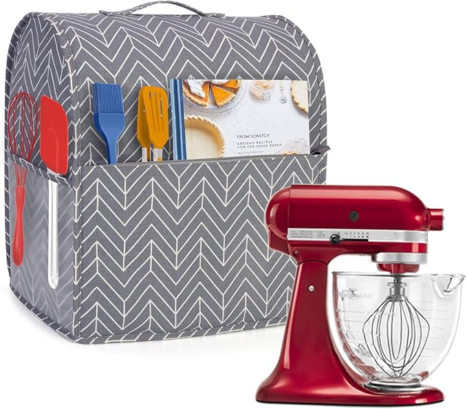 Yarwo Dust Cover for 4.5 qt and All 5 qt Stand Mixer, Protective Stand Mixer Cover with Top Handle and Pockets for Extra Accessories, chevron